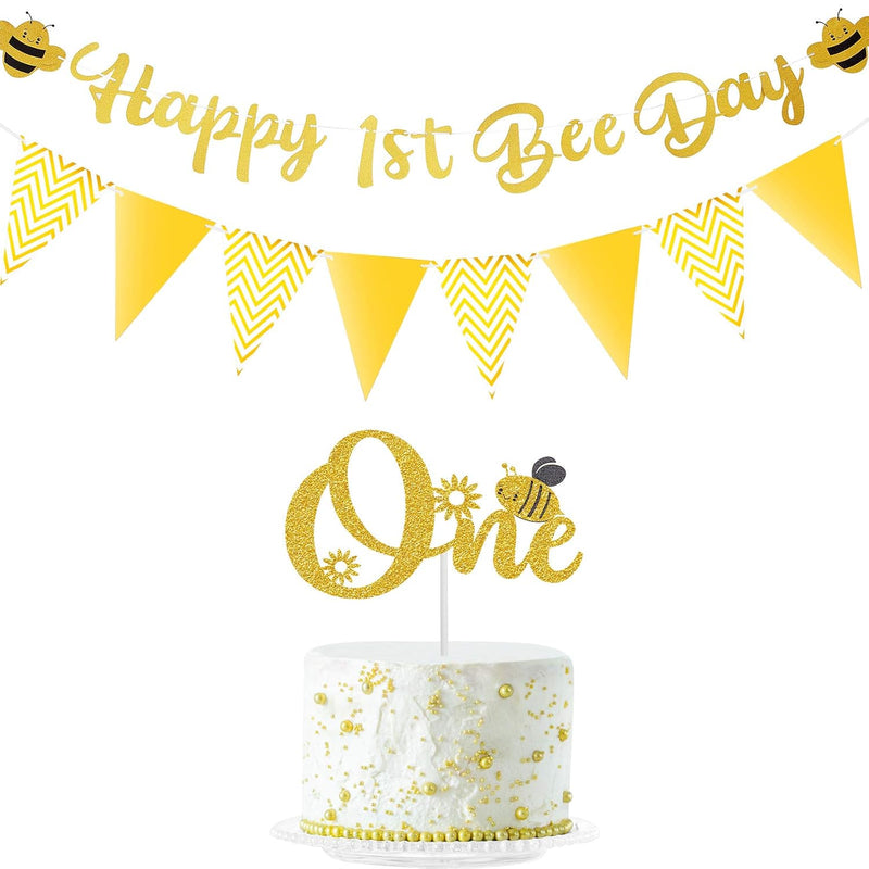 Happy 1St Bee Day Gold Glitter Banner One Cake Topper Golden Triangle