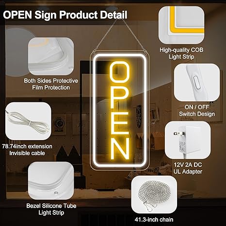Ultra Bright LED Open Neon Sign 22.8 x 11.8 Inch 12V Vertical Business Window Light