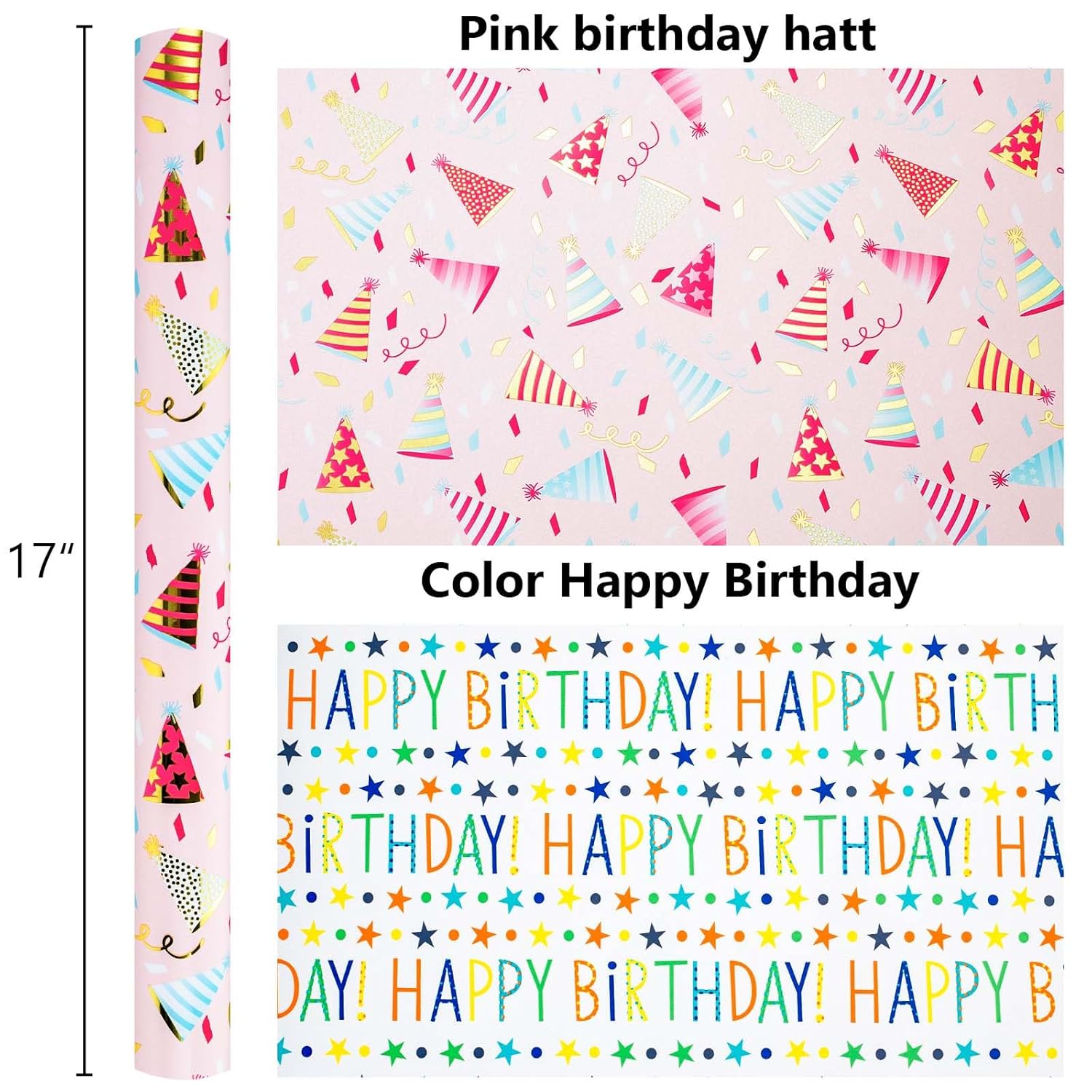 Birthday Hat Wrapping Paper, Reversible Happy Birthday Design Gift Wrap For Baby Shower, Valentines, Mothers Day, Graduation, Wedding, Fathers Day, Christmas (17 Inch X 32.8 Feet)