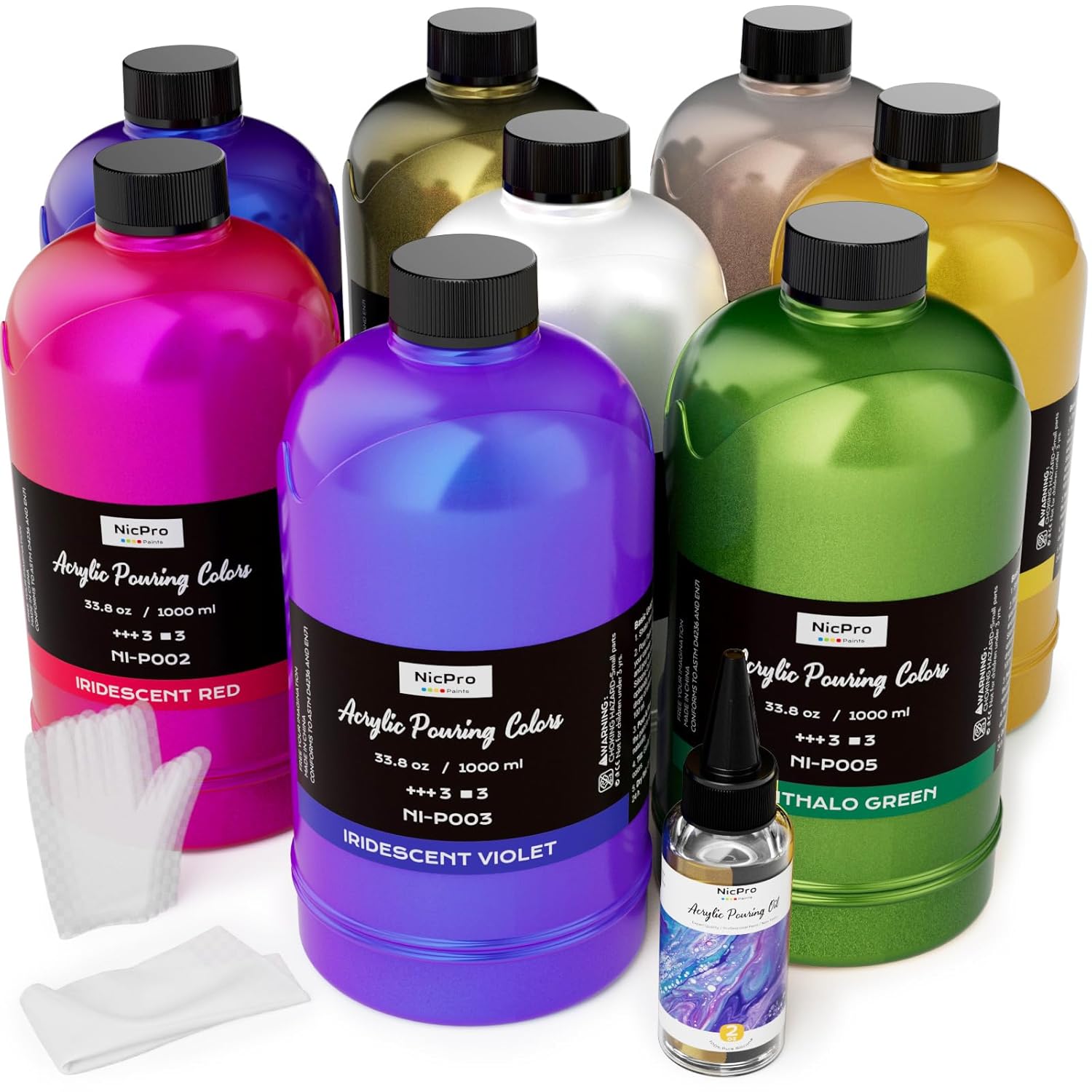 8 Colors 33.8 Oz Large Bulk Iridescent Acrylic Pouring Paint Supplies Kit, Premixed High Flow Art Pour Paint With Silicone Pour Oil, Gloves, Tablecloths For Beginner Diy, Ready To Pour