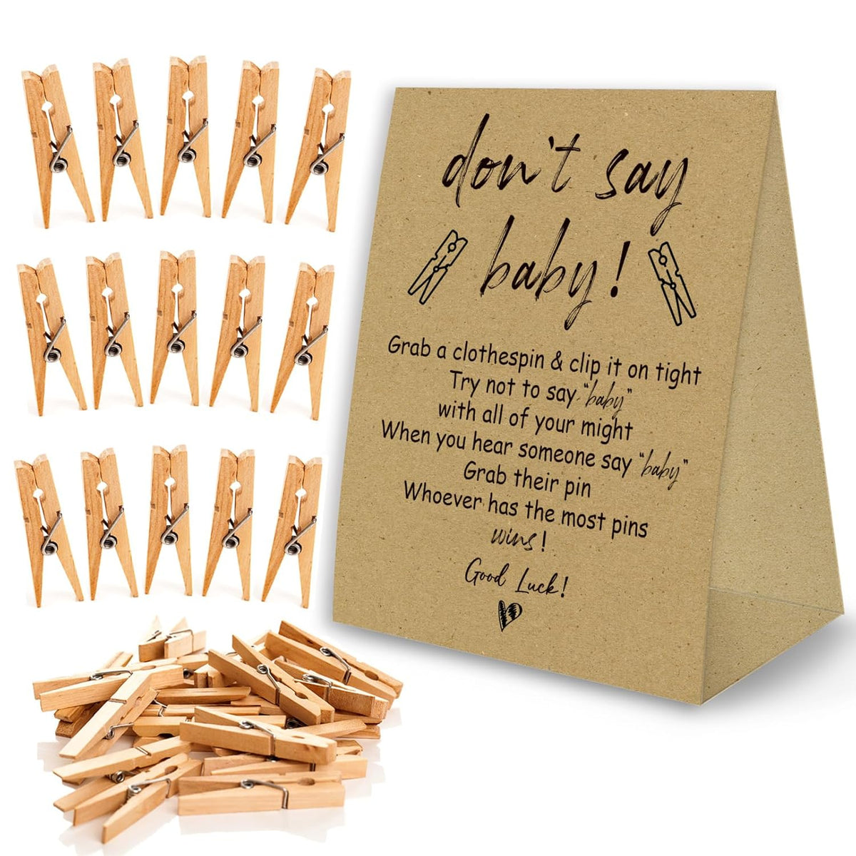 Don'T Say Baby Game For Baby Shower Clothespin Game, One 5X7 Kraft Sign And 50 Natural Clothespins, Minimal Style, Gender Neutral -Ndsbb06