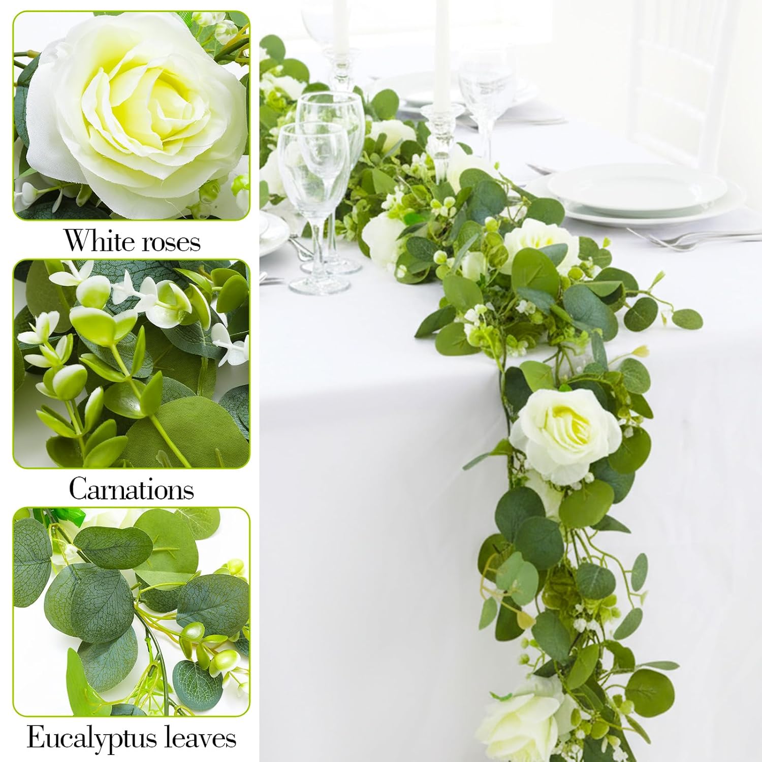3 Pcs Total 18Ft Artificial Eucalyptus Flower Garland, Faux Eucalyptus Garland With White Roses Fake Flowers Vines For Centerpiece, Wedding, Party, Table, Background, Arch, Indoor Outdoor Decor