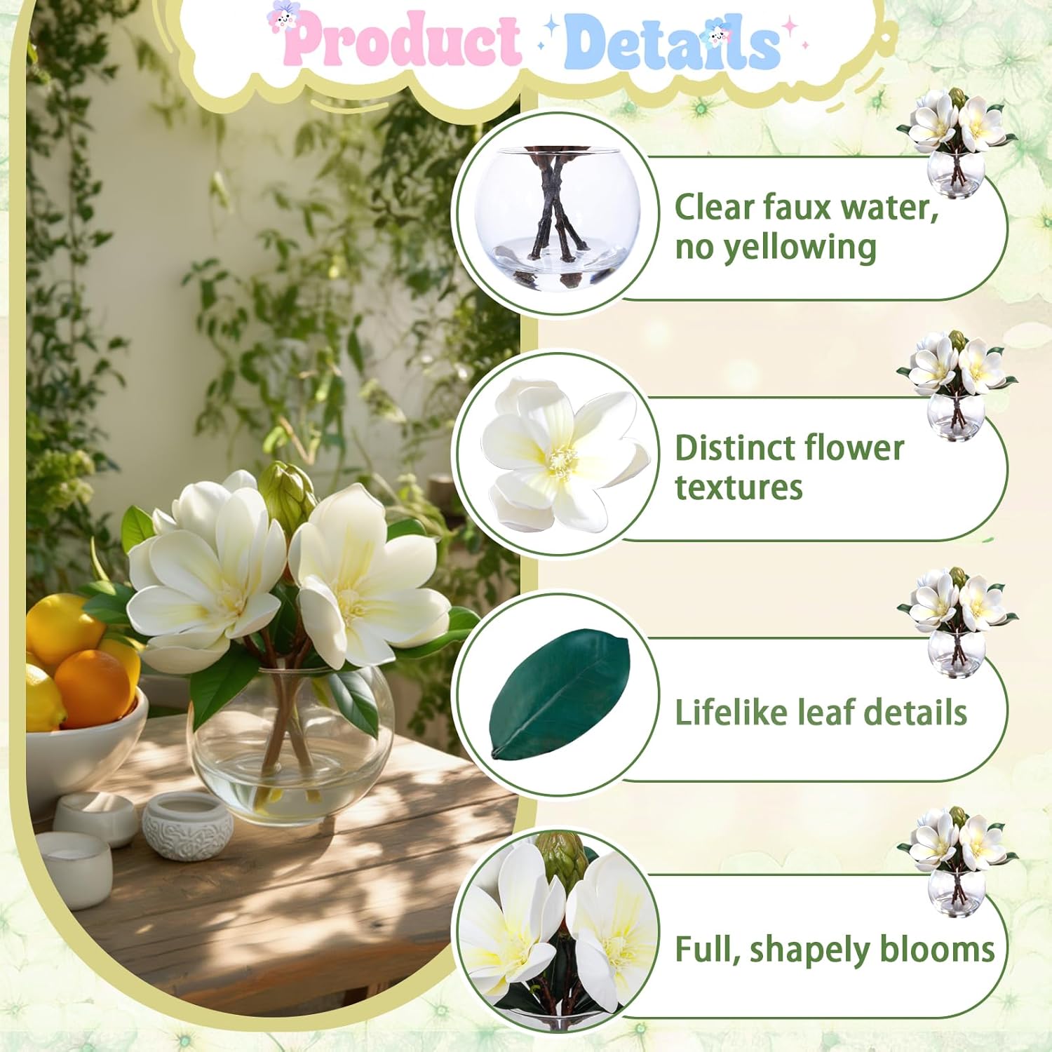 Artificial Flowers With Vase Fake Water White Magnolia Fake Flowers In Glass Vase For Home Bathroom Office Table Shelf Decoration