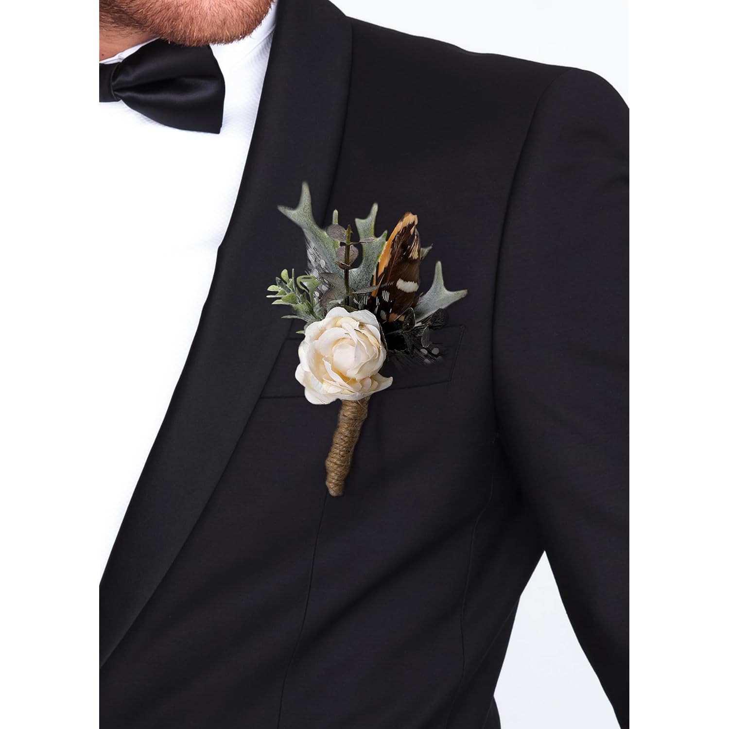 Rose Boutonniere For Men - Prom Boutonniere For Wedding Feather Rustic Boutonnieres For Groom Boho Corsage For Groomsmen Anniversary Formal Dinner Party Ceremony Celebration