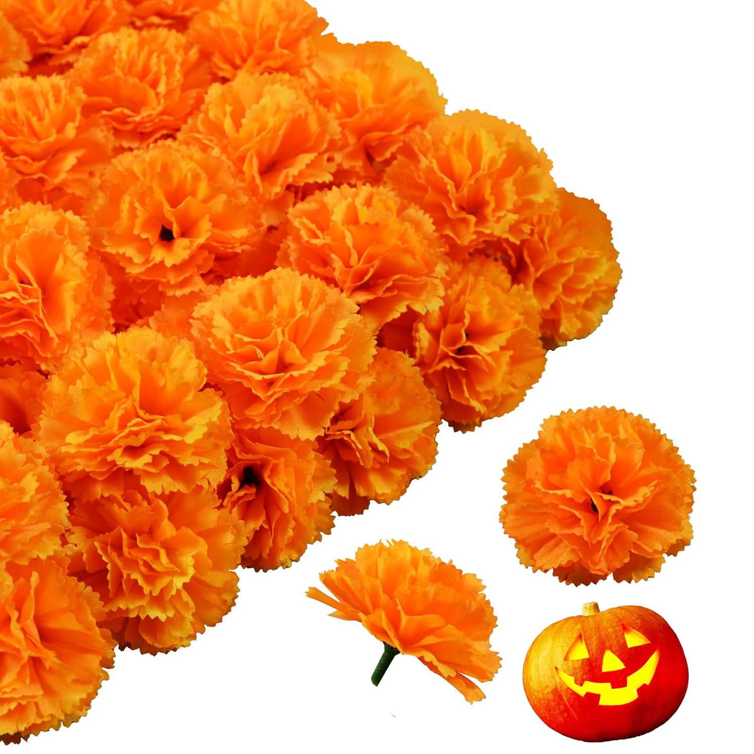 50Pcs Artificial Marigold Flower, Orange Marigold Flower Heads Bulk With Stem, Silk Artificial Flower Diy Decor For Halloween, Diwali, Day Of The Dead, Mexican Party, Home Decor