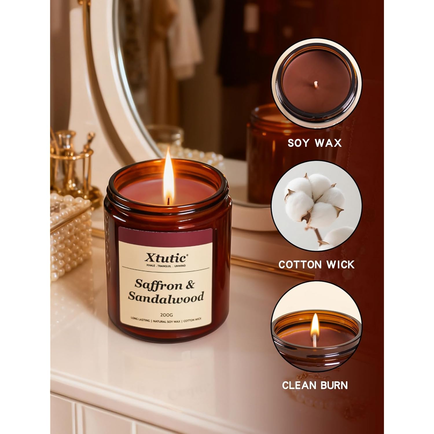 Soy Candle Gifts For Women & Men - 7Oz Brown Scented Candle,50-Hour Burn Time,Aromatherapy Jar For Home Decor,Relaxing Ambiance In Bedroom & Office(Saffron Sandalwood)