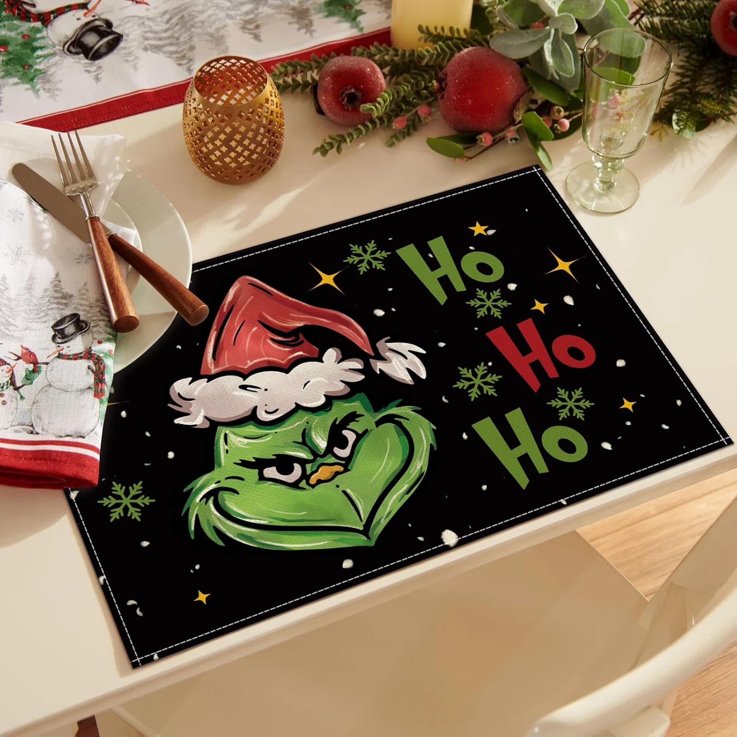 Christmas Placemats Set Of 4,Winter Merry Xmas Ho Ho Ho Heat-Resistant Place Mats,Merry Xmas Holiday Table Decors For Farmhouse Kitchen Dining Party 12X18 Inch