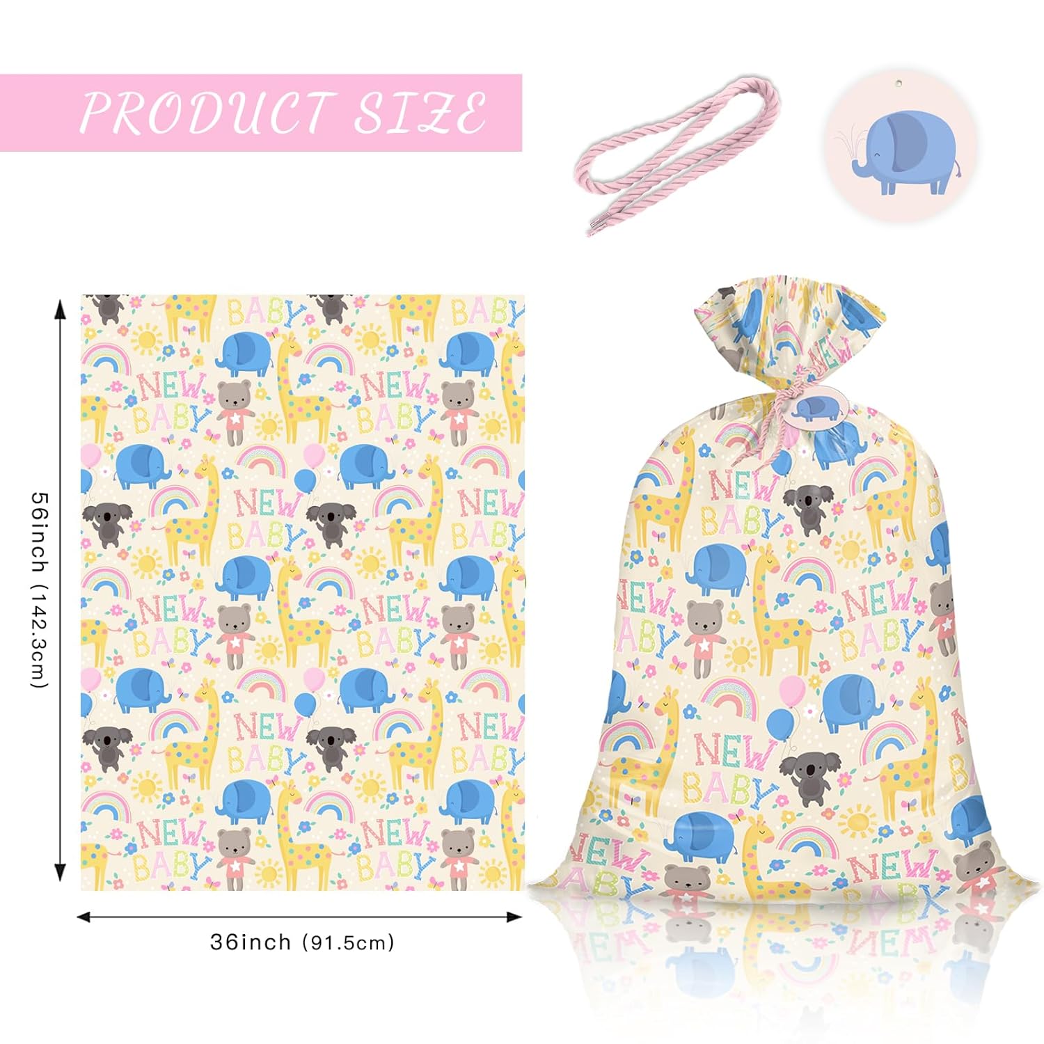 56" Large Baby Shower Plastic Gift Bag - Animals & New Baby Jumbo Bike Bag Gift Wrap For Baby Shower, Kids Birthdays, Parties, Celebrating, Or Any Occasion - 56" H X 36" W