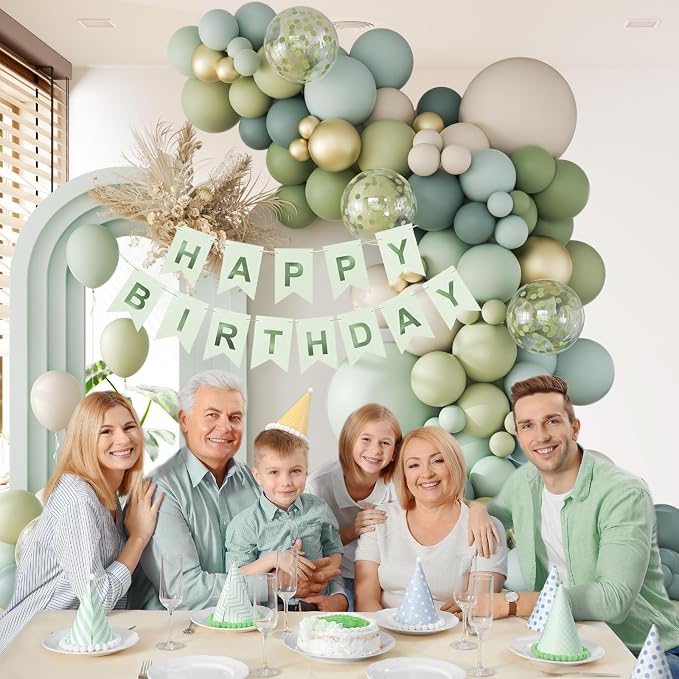 141 Piece Sage Green Balloon Arch Kit with Gold White and Confetti Balloons for Party Decor