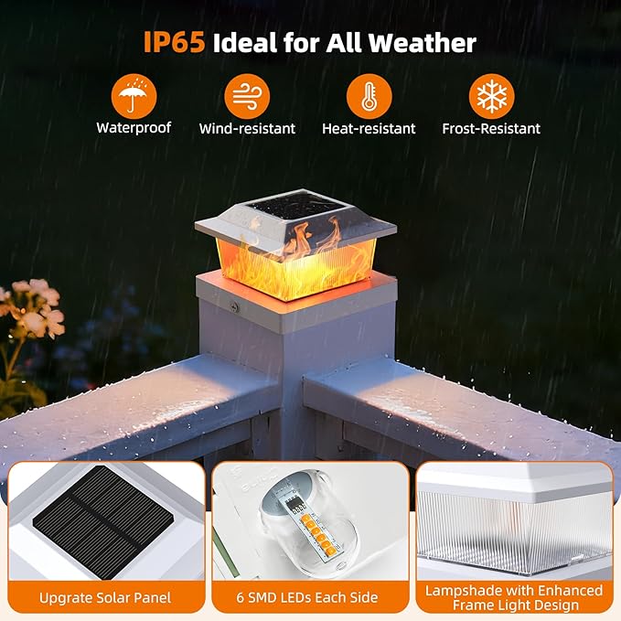 8 Pack Solar Post Cap Lights Flickering Flame Outdoor Fence Deck Lights for 4x4 5x5 Posts