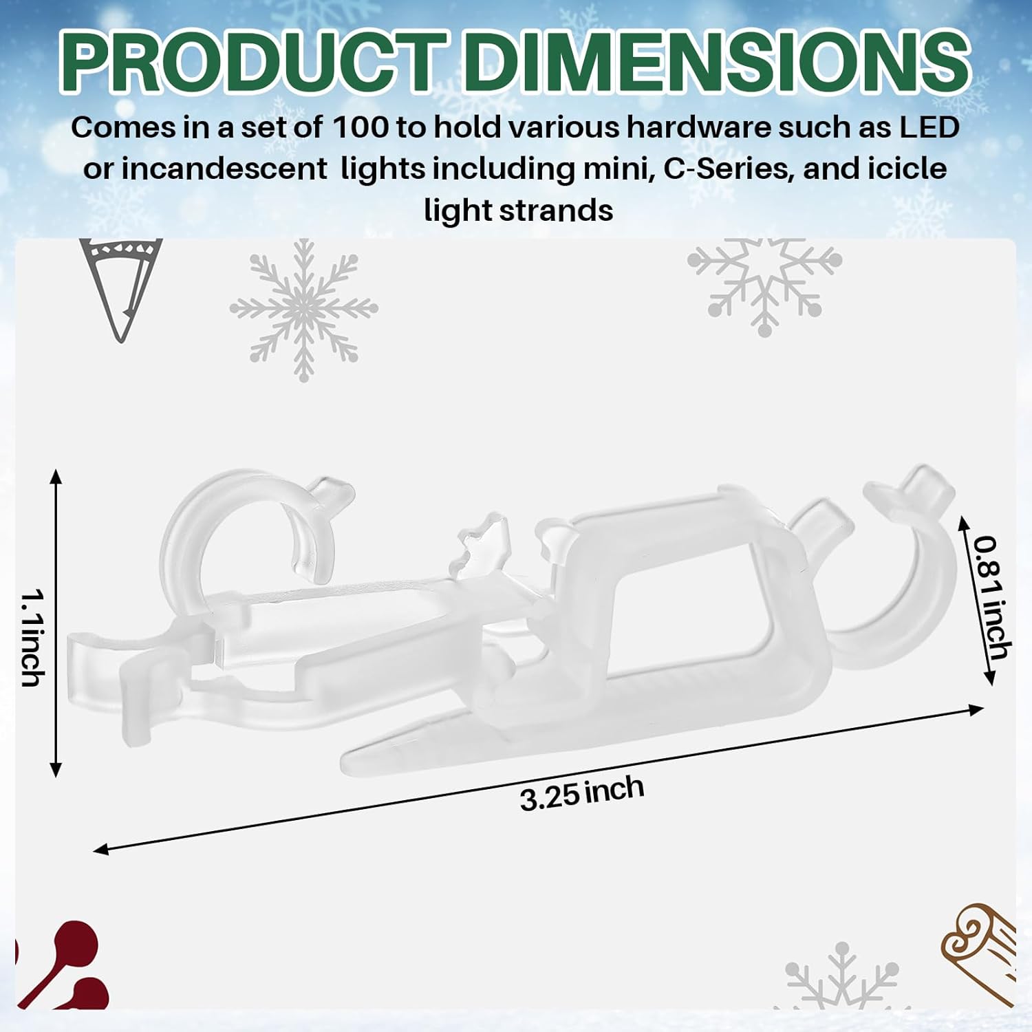 100 Pcs Christmas Multi-Directional Gutter Light Clips Plastic Shingle Roof Clips With Four Locking Positions Fits C7 C9, Icicle, Rope Miniature String Light For Christmas Outdoor Decor