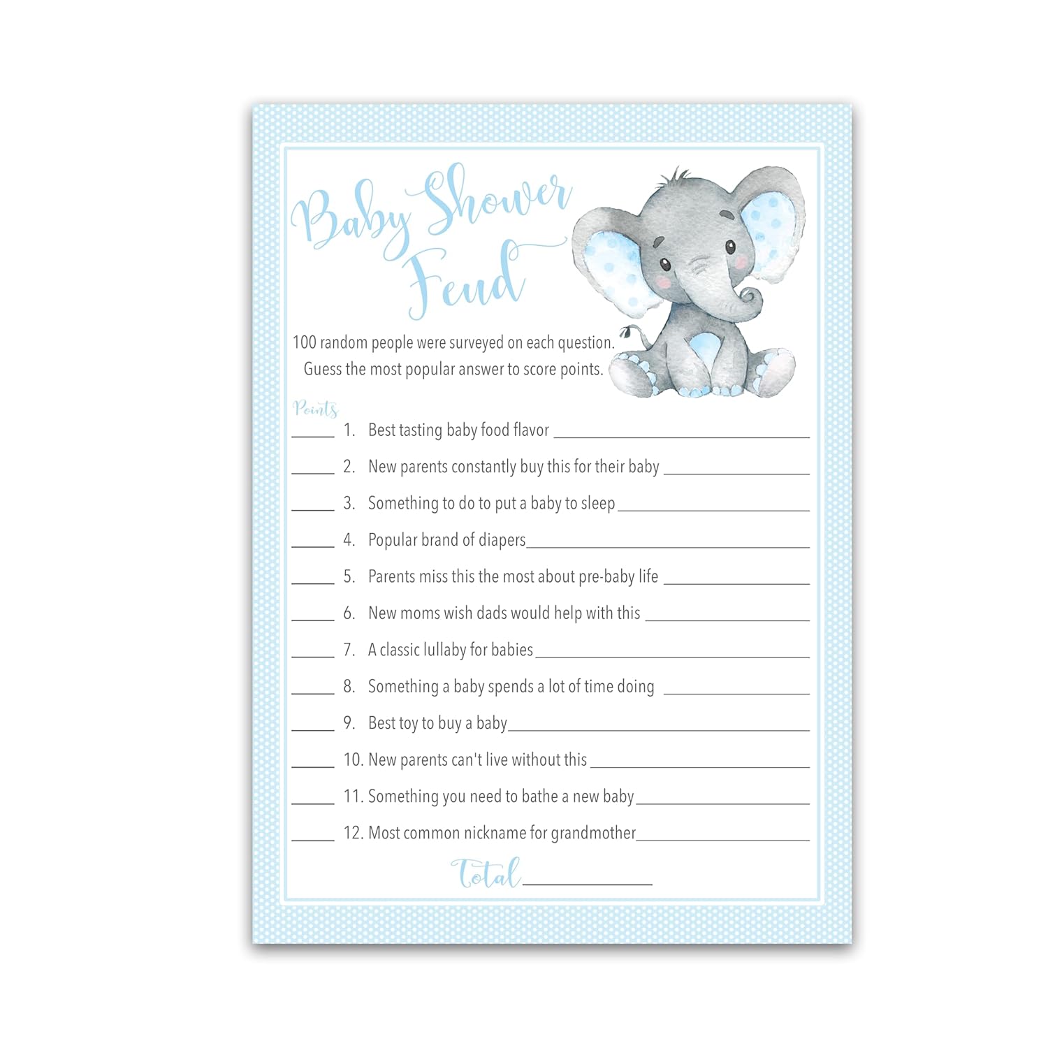 Boy Baby Shower Feud Game — Pack Of 25 — Fun Shower Family Feud Games, Blue Elephant Baby Shower Activity, Little Peanut Baby Shower Fued Games, Couples Shower G501-Bsf1