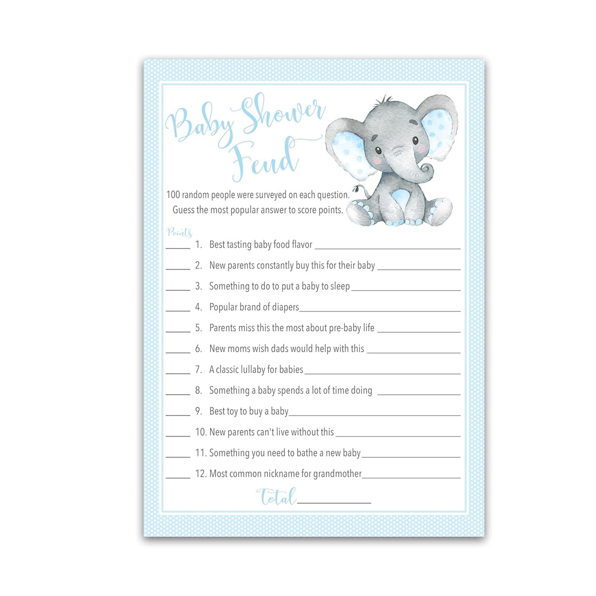 Boy Baby Shower Feud Game — Pack Of 25 — Fun Shower Family Feud Games, Blue Elephant Baby Shower Activity, Little Peanut Baby Shower Fued Games, Couples Shower G501-Bsf1