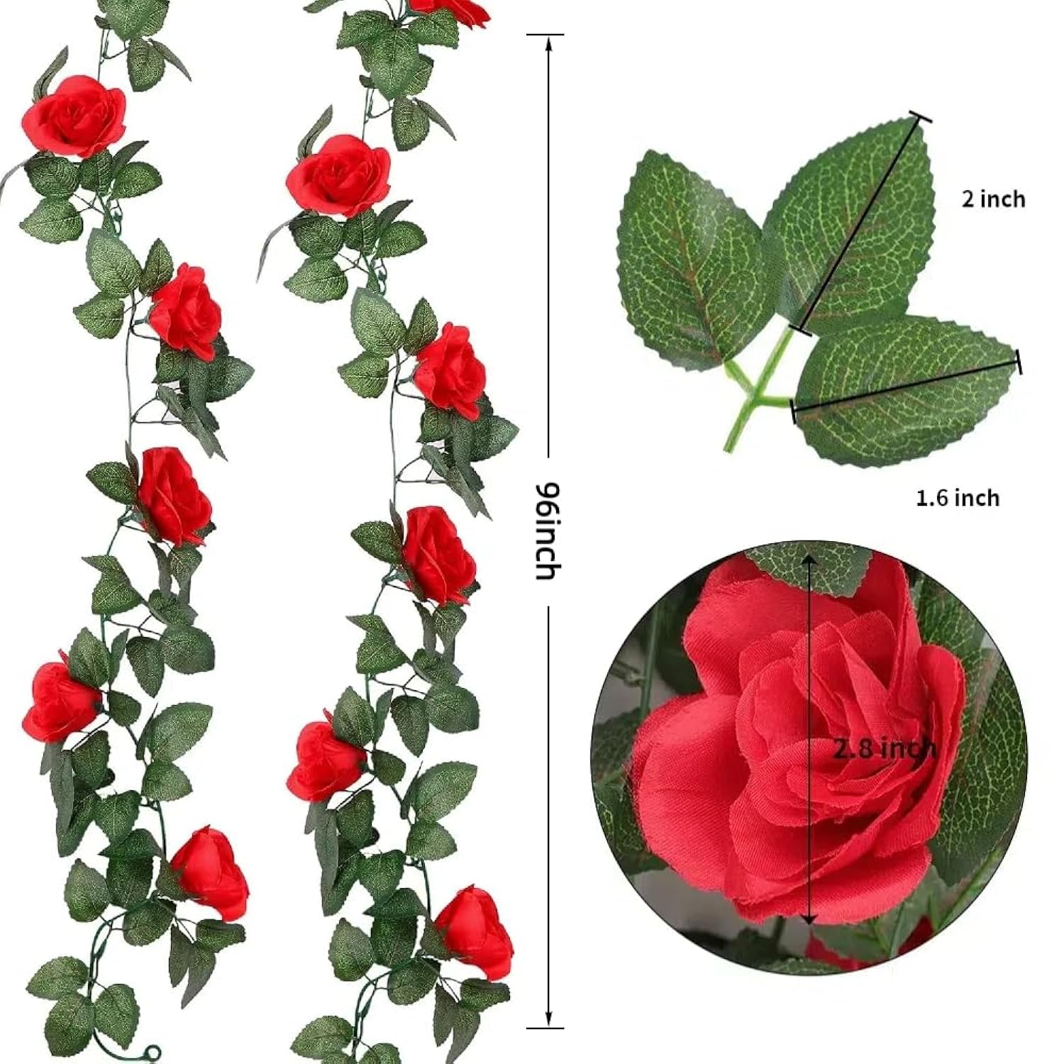 16 Ft Fake Rose Vine Garland Artificial Flowers Plants Hanging Rose Ivy Home Hotel Office Wedding Party Garden Décor (Red/2Pcs)