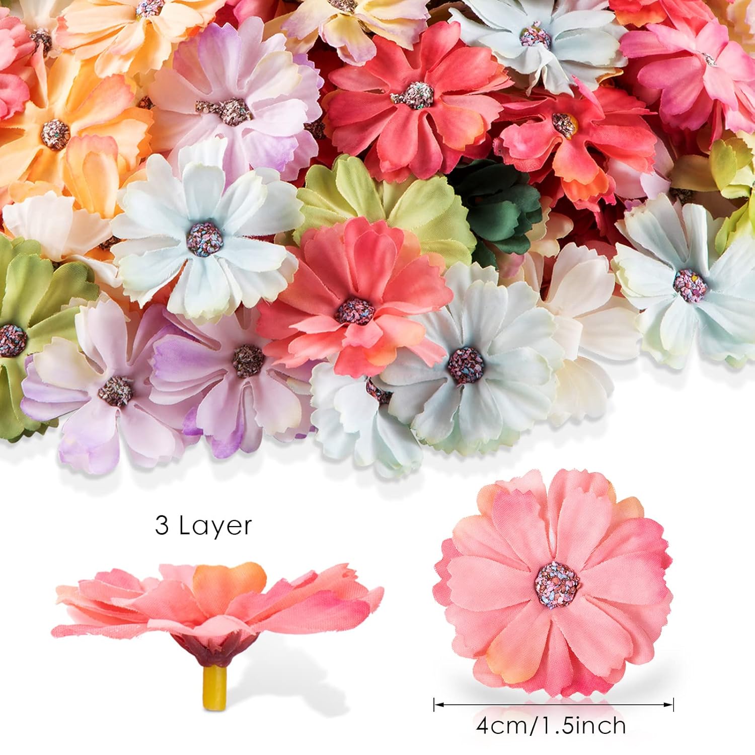 120 Pcs Faux Flowers Heads For Crafts Artificial Small Silk Daisy Flowers Embellishments 1.5 Inch Mini Assorted Faux Daisy Bulk Diy Wreath For Diy Holiday Wedding Party Home Garden