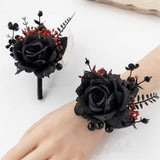 Black Wrist Corsage And Boutonniere Set Gothic Flowers Bouquet For Wedding Flower Accessories Prom Suit Decorations-Black And Red