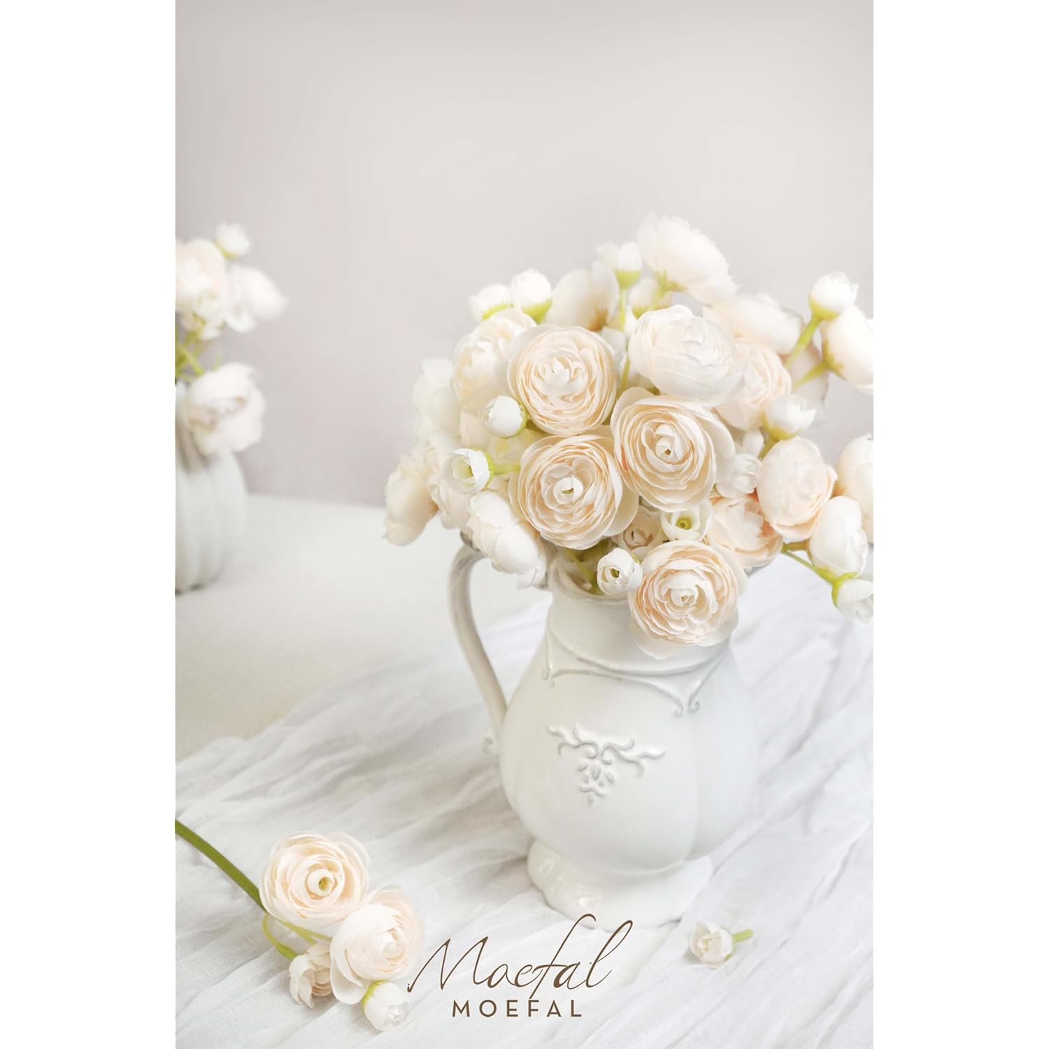 18Pcs Mini Ranunculus Artificial Flowers (1.5" Head) - Premium Faux Silk Filler Flowers For Wedding Bouquet, Diy Centerpieces - Realistic Green Wired Stems - Cream