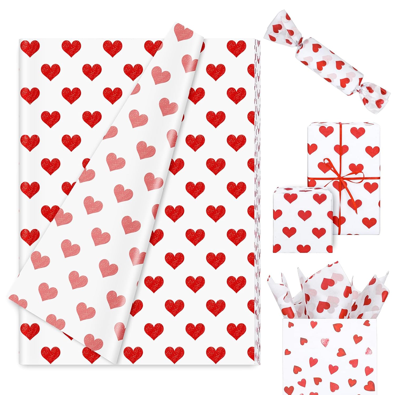 60 Sheets Valentine Heart Tissue Paper Foil Red Love Heart Gift Wrapping Paper For Diy Art Craft Wedding Anniversary Party Decor, 13.8 X 19.7 Inch