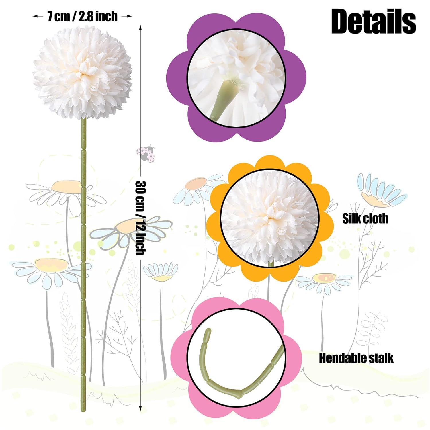 24 Pcs Chrysanthemum Flowers Artificial Ball Flowers Bouquet Long Stem Floral Chrysanthemum Faux Hydrangea Boho Floral Tables Centerpieces For Home Kitchen Wedding Party Decorations(White)