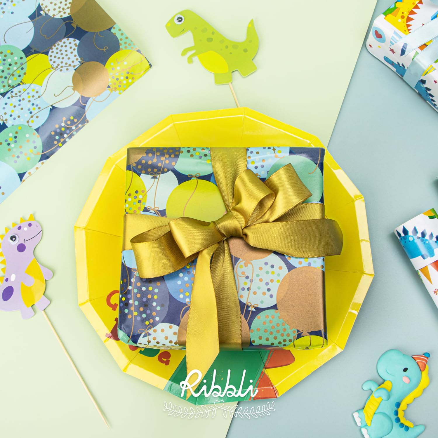 Dinosaur Birthday Wrapping Paper 3 Rolls Happy Birthday Dinosaur Balloon Printed Wrapping Paper For Boys- Mini Roll 17 Inch X 120 Inch(10Feet) Per Roll