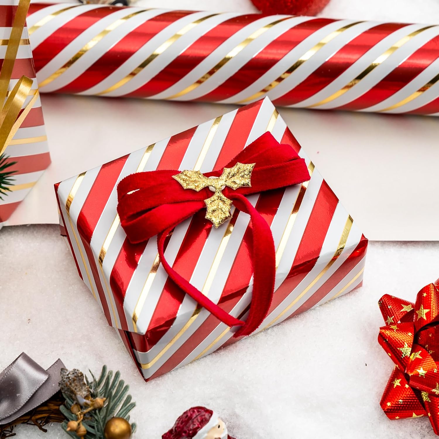 Gold Foil Stripes Wrapping Paper Mini Roll - 17 Inch X 32.8 Feet - Red & Gold Stripe Perfect For Christmas, Birthday, Holiday, Wedding, Baby Shower And All Occasions