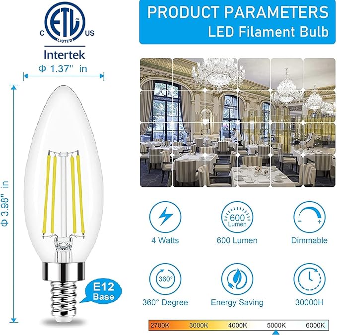 E12 LED Candelabra Bulbs 6 Pack 60W Equivalent 5000K Daylight Dimmable Filament Chandelier Light Bulbs
