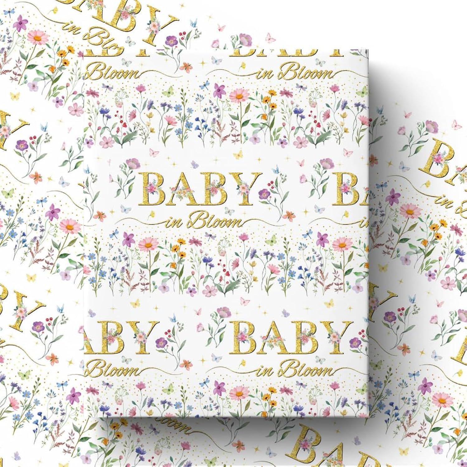 Floral Baby Shower Wrapping Paper Wildflower Newborn Gift Wrap Baby In Bloom Wrapping Paper With Butterfly Design For Kids Birthday Holiday Christmas Newborn Party Supplies, 17 Inch X 16.4 Feet