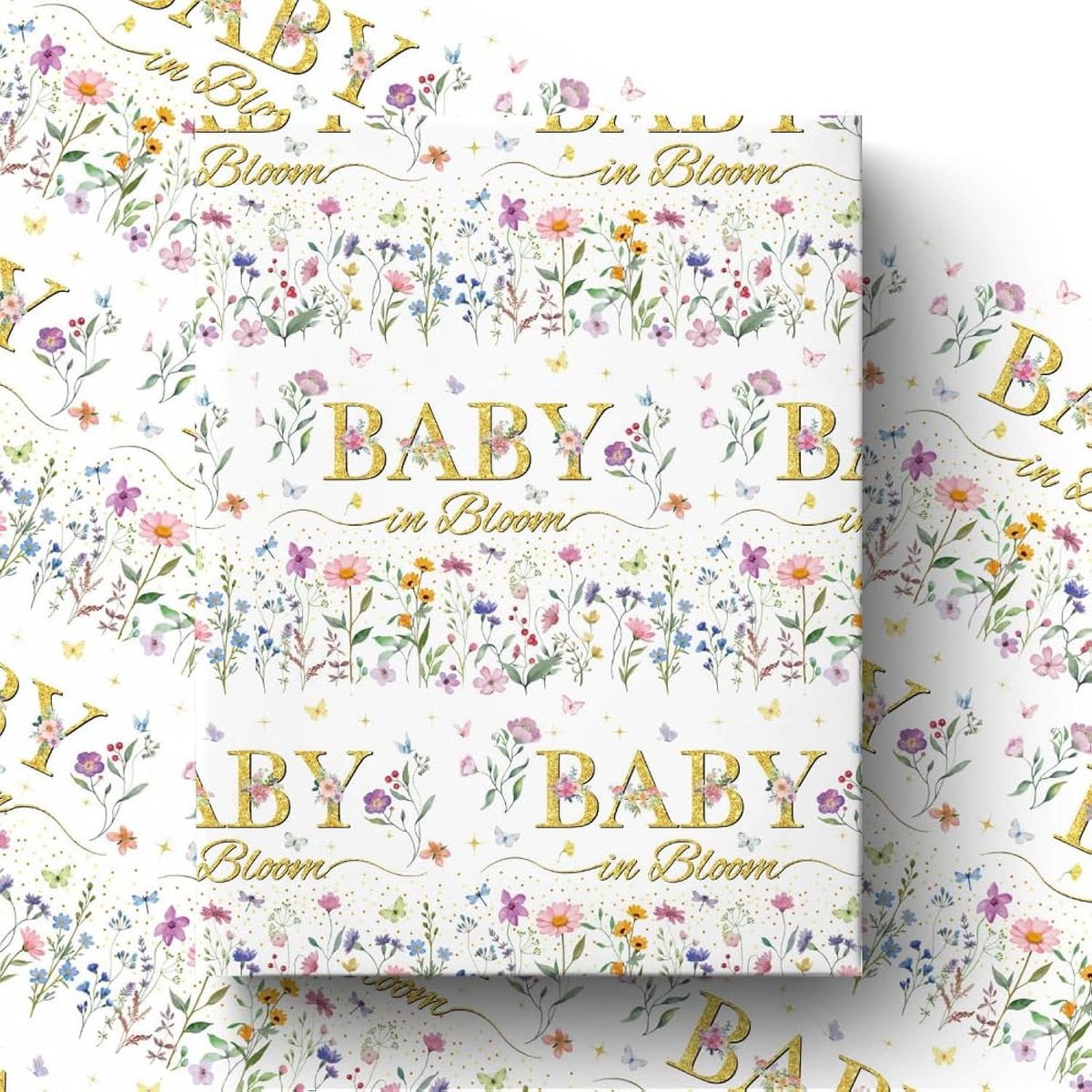 Floral Baby Shower Wrapping Paper Wildflower Newborn Gift Wrap Baby In Bloom Wrapping Paper With Butterfly Design For Kids Birthday Holiday Christmas Newborn Party Supplies, 17 Inch X 16.4 Feet