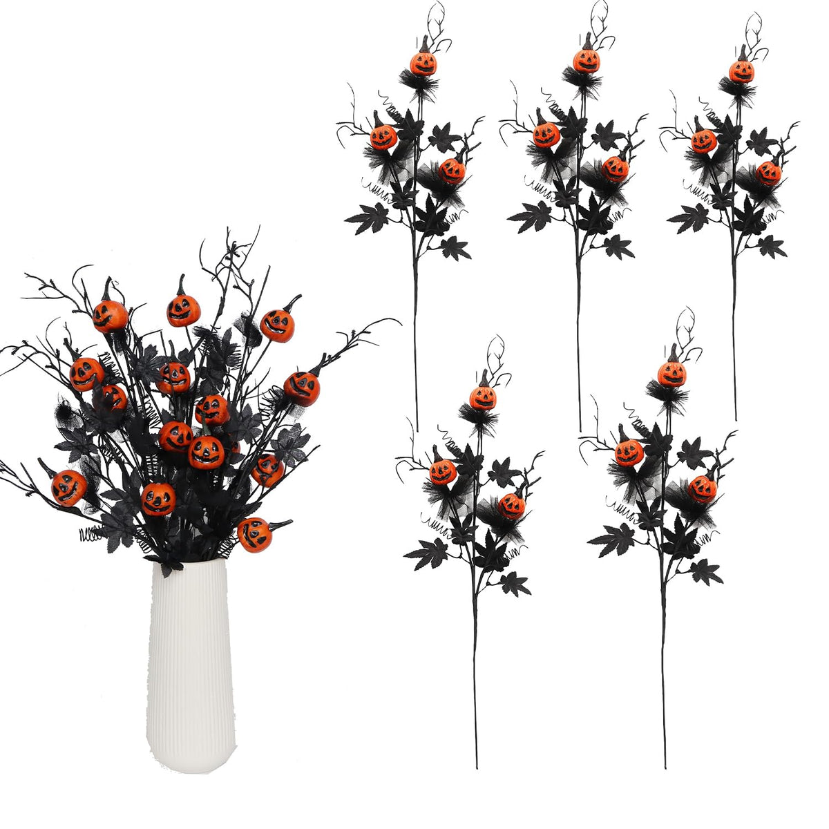 5Pcs Halloween Decorations, Black Artificial Flowers, 21 Inch Artificial Pumpkin Maple Leaf Floral Stems Halloween Branches Decoration For Indoor Home Farmhouse Party Vase Arrangement Décor