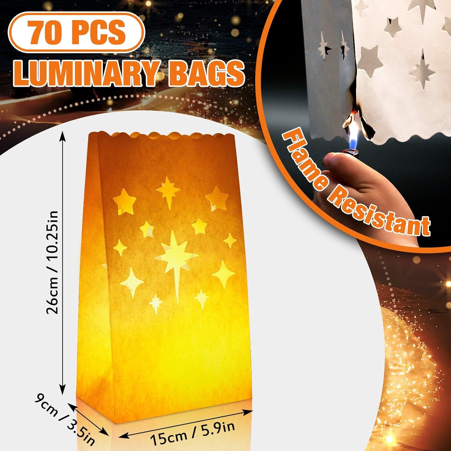70 Pieces White Luminary Bags, Fireworks And Stars Cutout Flame Resistant Luminaries, Candle Bags Paper Lanterns For Christmas, Halloween, Wedding, Thanksgiving, New Year, Valentine'S Day Party Decor