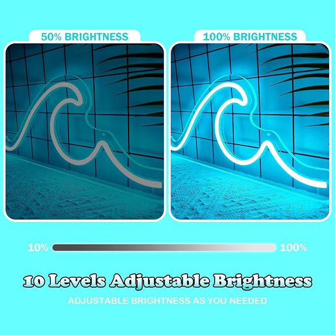 Wave Neon Sign Dimmable Ice Blue LED Wall Light 16.5 x 7 Inch Ocean Neon Decor for Bedroom Office Bar