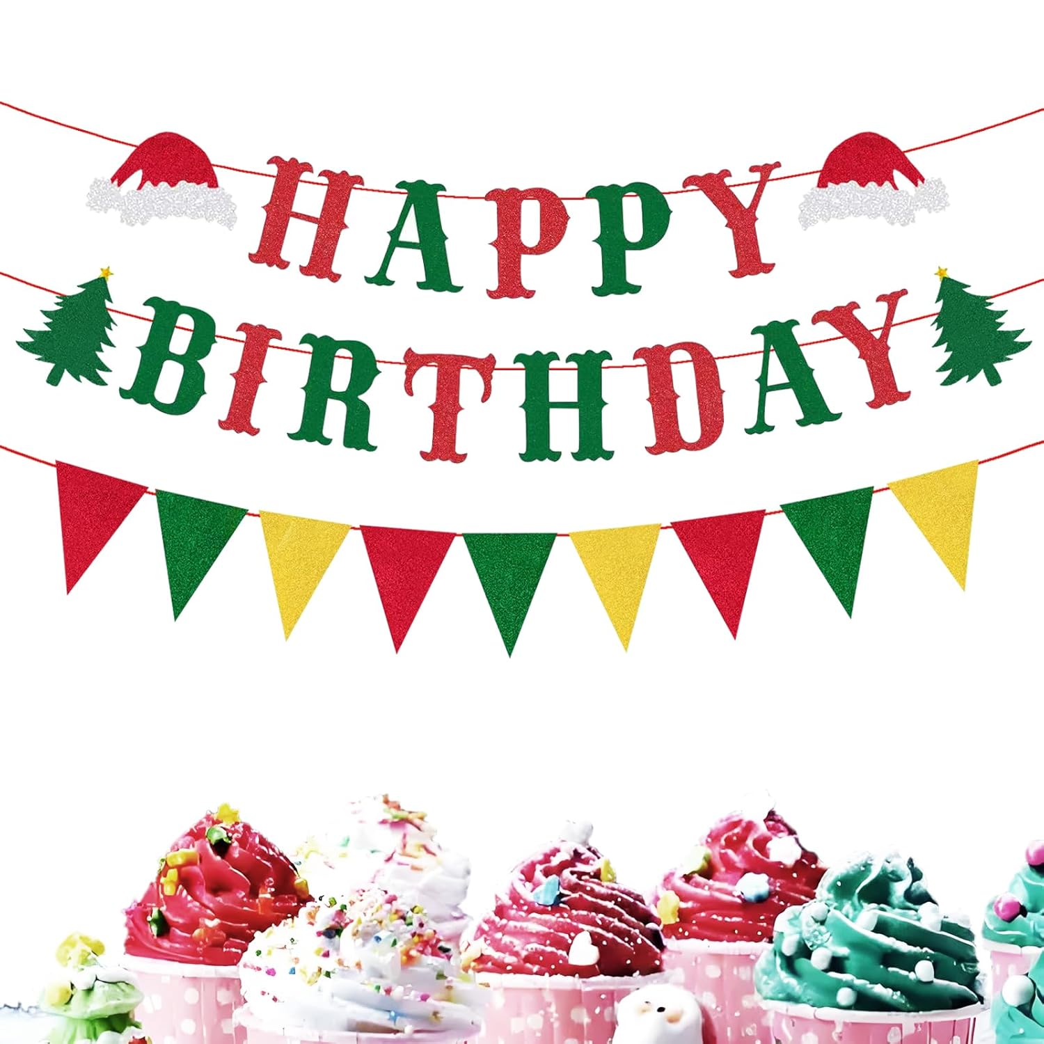 Happy Birthday Merry Banner Green And Red Christmas Bunting Garland Xmas Party Decorations For Mantle Fireplace Wall