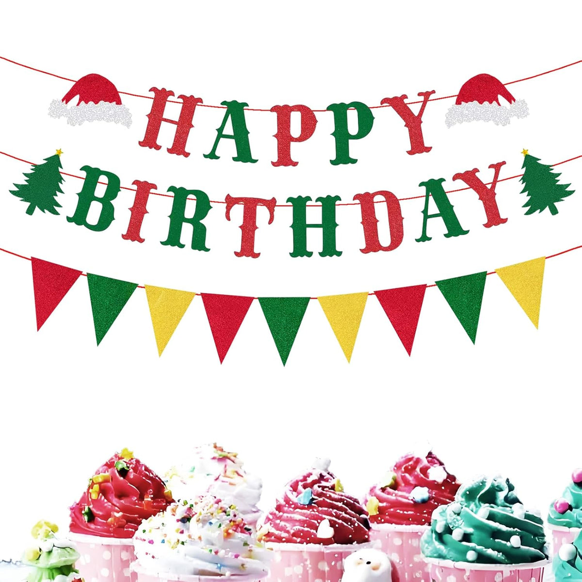 Happy Birthday Merry Banner Green And Red Christmas Bunting Garland Xmas Party Decorations For Mantle Fireplace Wall