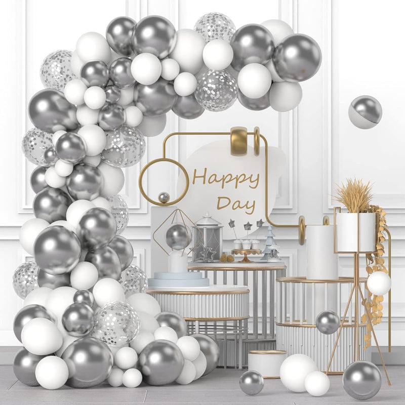 White And Silver Balloon Garland Arch Kit - 120Pcs 12In 10In 5In White