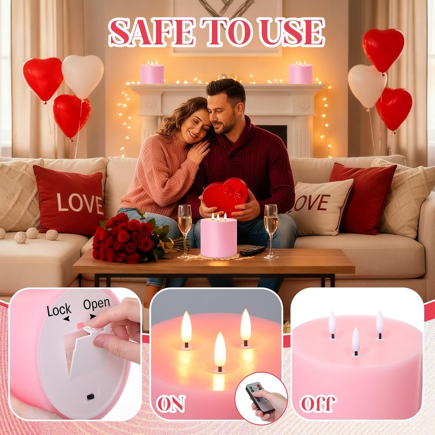Valentine'S Day Pink Extra Large Flameless Candles 6'' X 6'' Led Battery Operated Real Wax 3 Wicks Flickering Pillar Candle With Remote Control Timer For Home Wedding Party Decoration