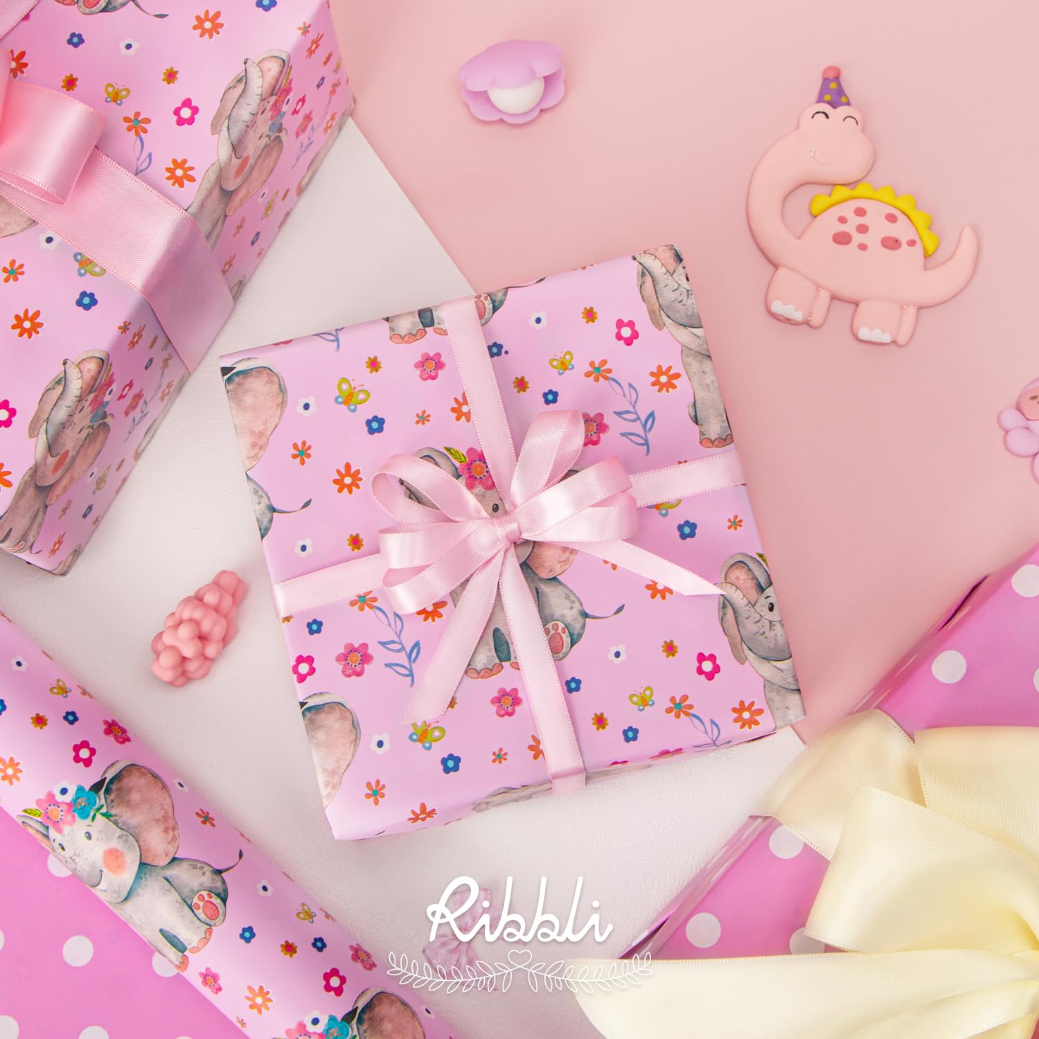 Reversible Baby Girl Wrapping Paper Elephant With Pink Polk Dots Paper For Baby Shower Kids Birthday Party - 17Inch X 394Inch(33Feet)