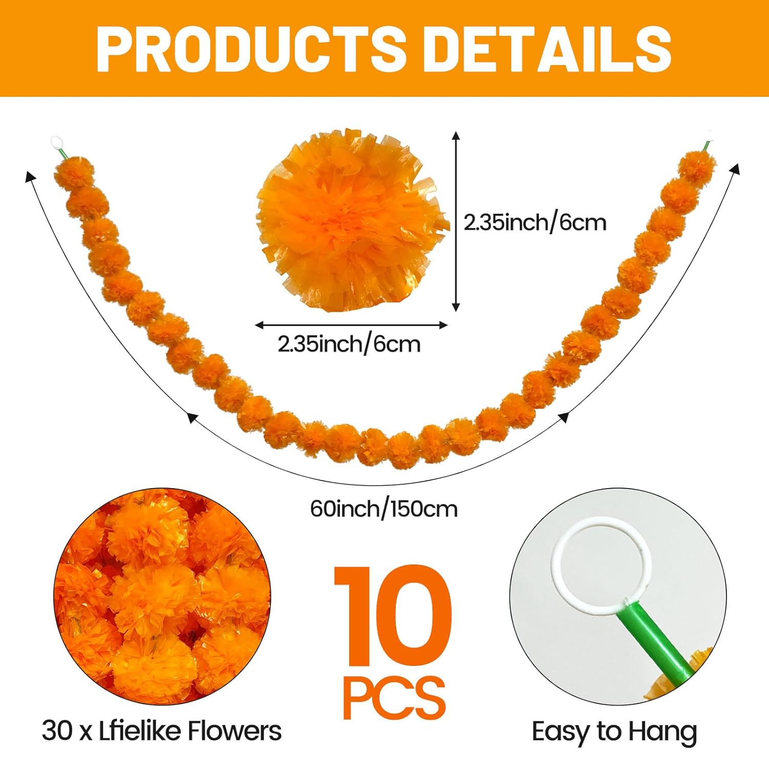 Marigold Garland For Decoration 10 Pcs Of 5 Feet Artificial Marigold Flowers For Indian Pooja Diwali Wedding Mantel Decoration (Orange)