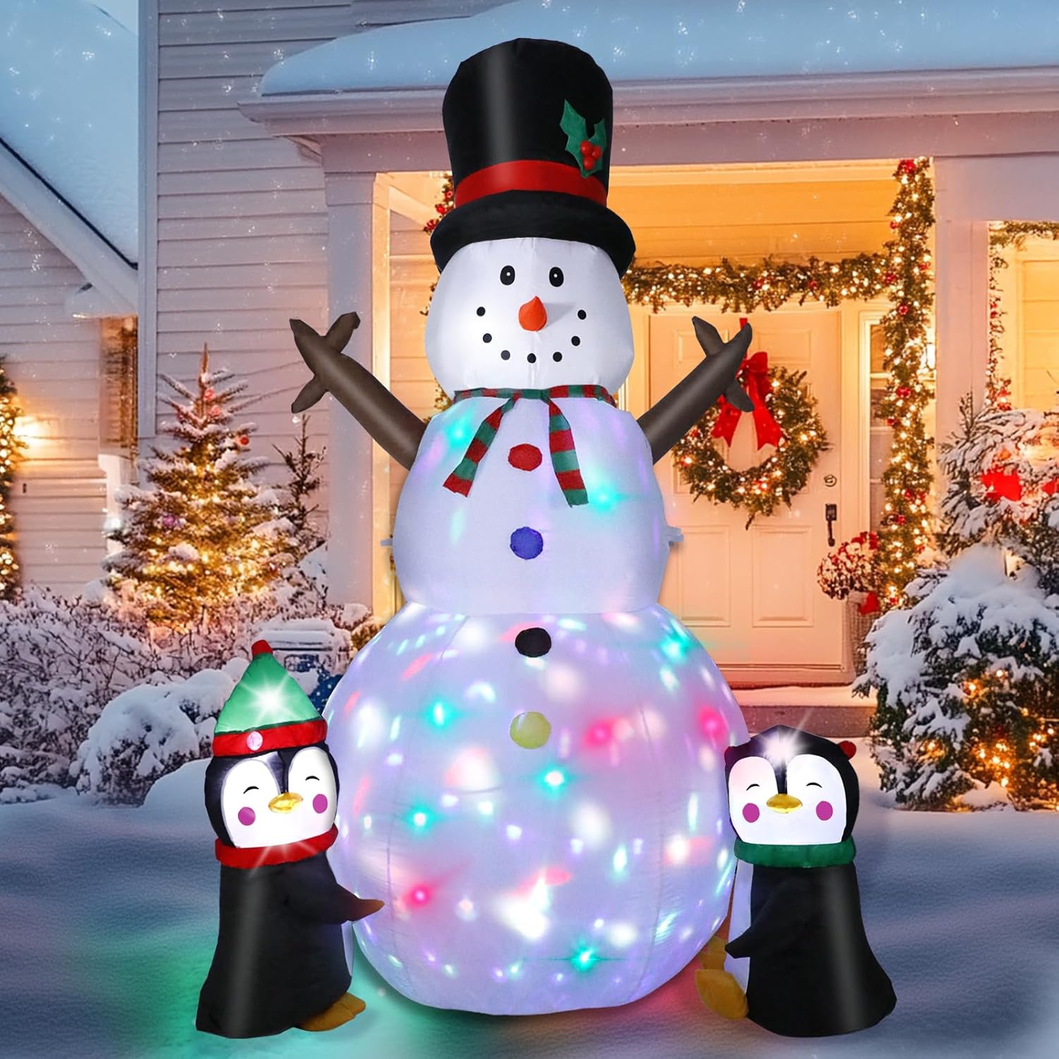 8Ft Christmas Inflatable Snowman Outdoor Decorations, Christmas Blow Up Snowman With Two Penguins Decoration, Built-In C