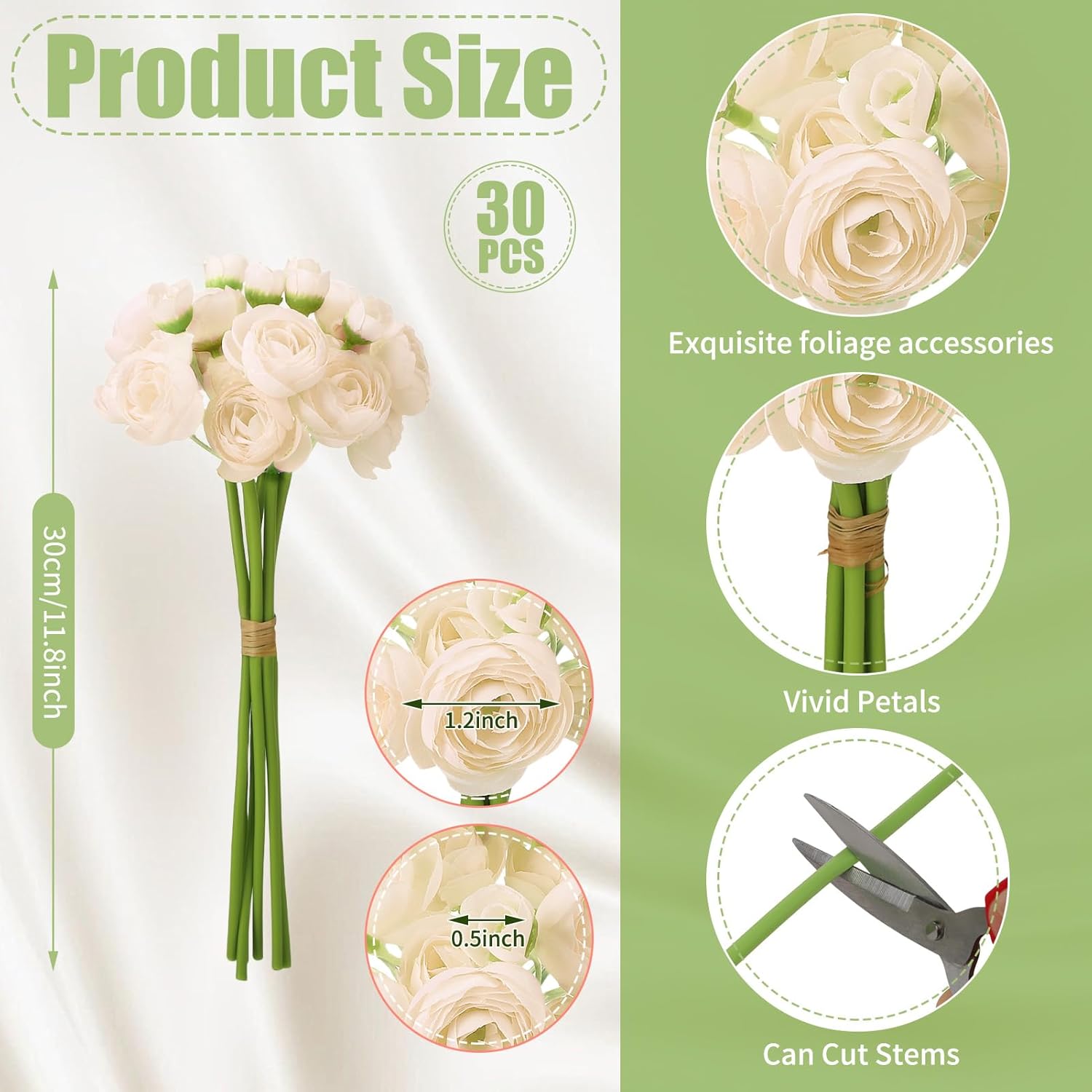 5 Bouquets Cream Ranunculus Artificial Flowers, 30 Pcs Silk Mini Faux Ranunculus Bouquet For Wedding, Bridal Shower, Centerpieces, And Diy Decorations