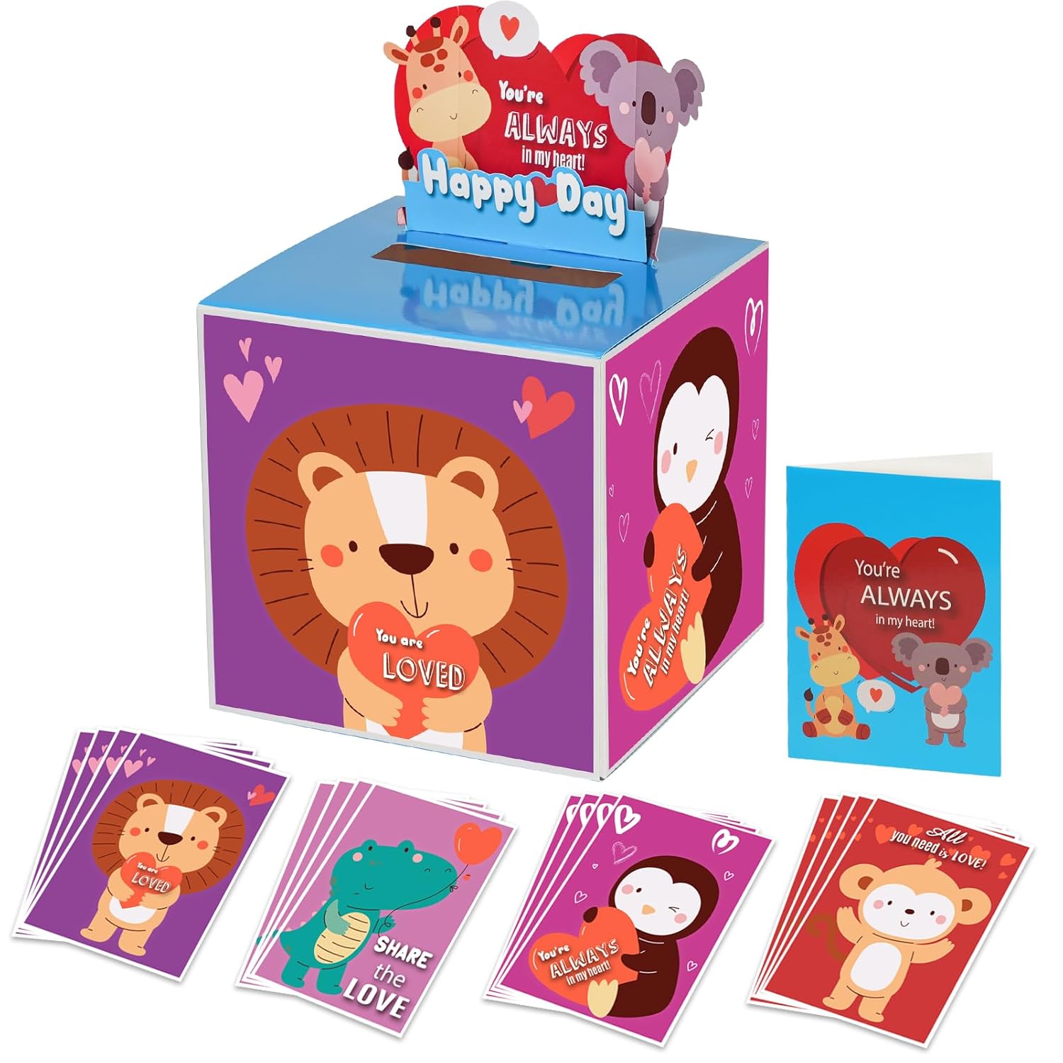 Kids Valentine Gift Cards And Box 7.9", Animal Valentines Day Cards Holder Mailbox For Kids School Classroom Exchange (1 Box, 32 Valentine Cards, 1 Teacher Card)