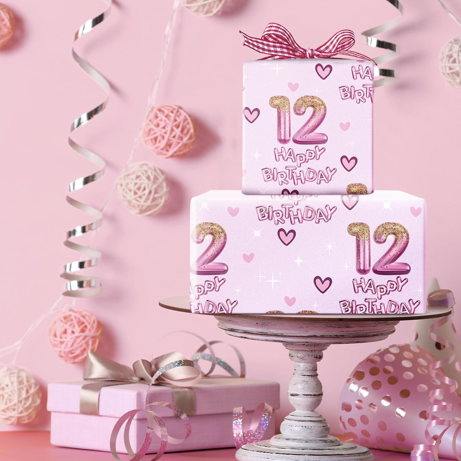 12Th Birthday Wrapping Paper Girls, Hearts And Pink Number 12 Balloons Happy Birthday Design, 12 Years Old, Mini Roll, 17 Inches X 16.4 Feet, Perfect For Girls' Birthday Party Gifts