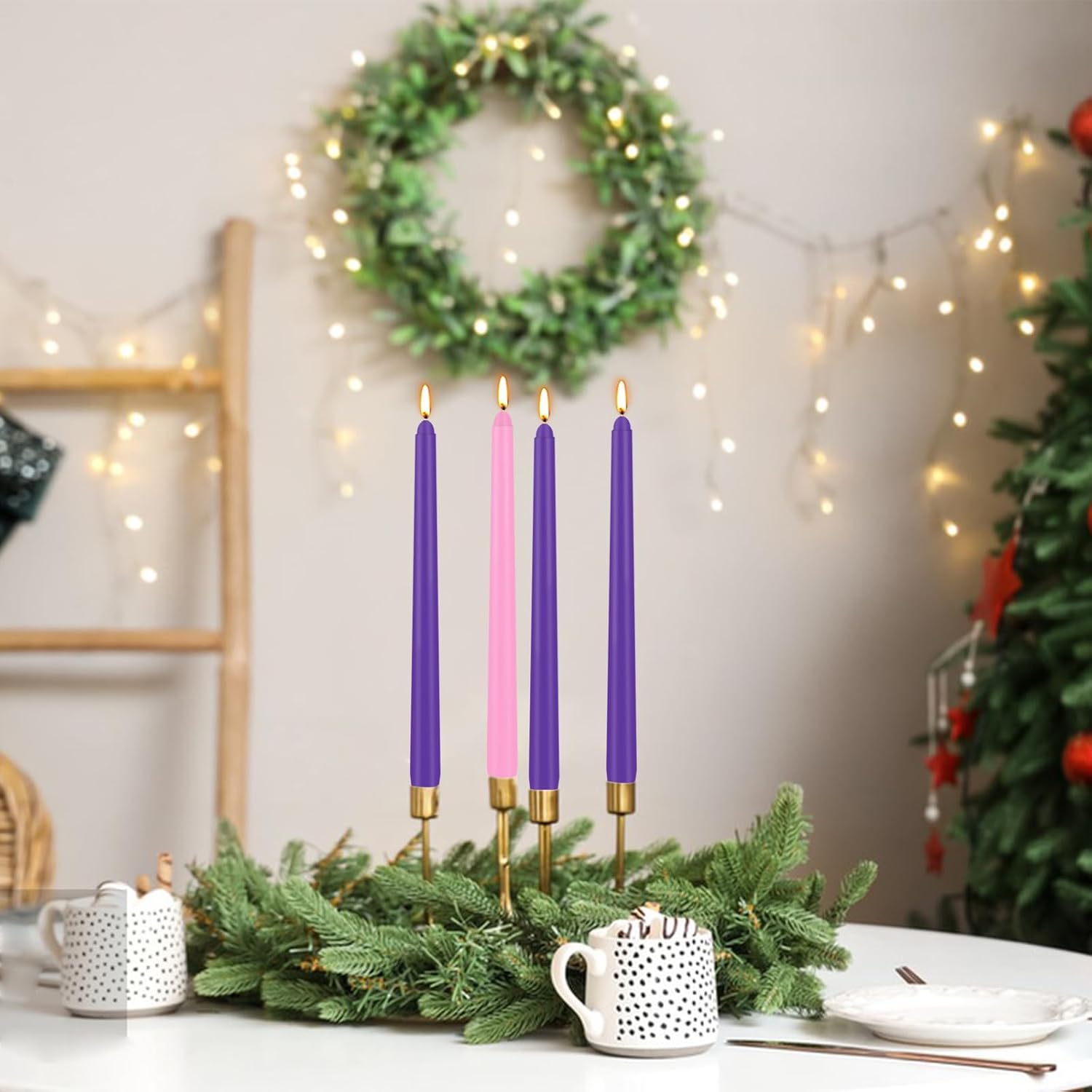 24 Count Advent Candles, 10 Inch Purple And Pink Christmas Wreath Candles - 18 Purple & 6 Pink Complete 24-Day Advent Candle Set For Church, Home Decor, Long-Lasting Holiday Season Candle