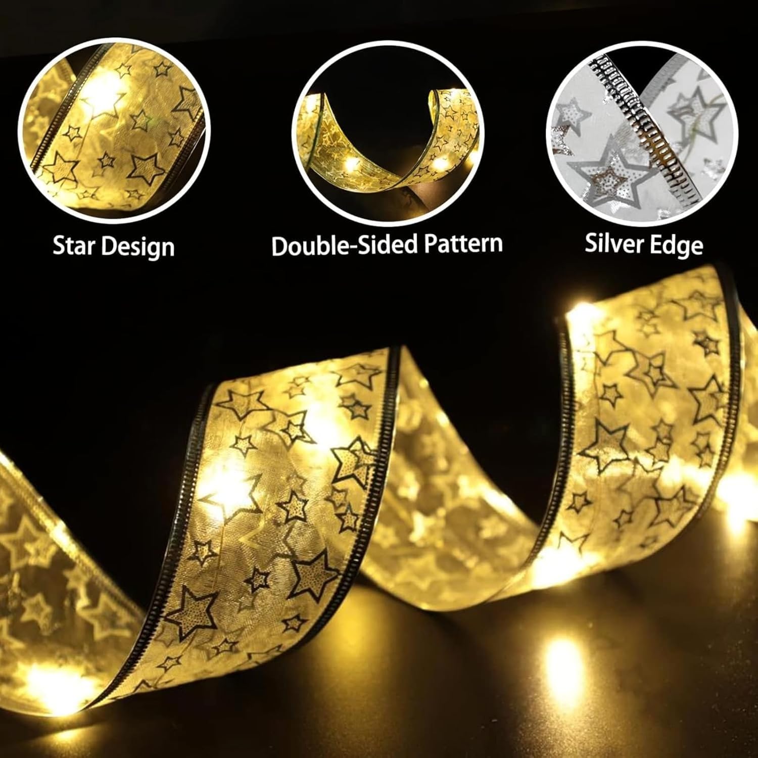 Gold Christmas Tree Decorations Ribbon Lights, 64Ft 200 Led String Lights, Battery-Powered Copper Wire Ribbon Lights For