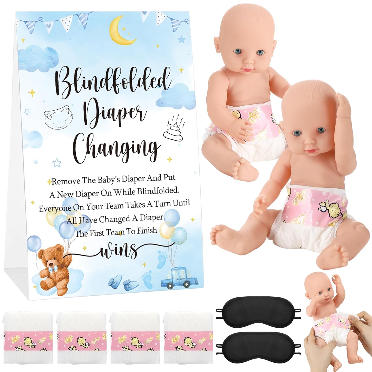 9 Pcs Baby Shower Game Supplies For Blindfold Diaper Changing Baby Dolls With Blindfolds Diapers Baby Changing Diaper Race Game Set For Baby Shower (Blue,Bear)