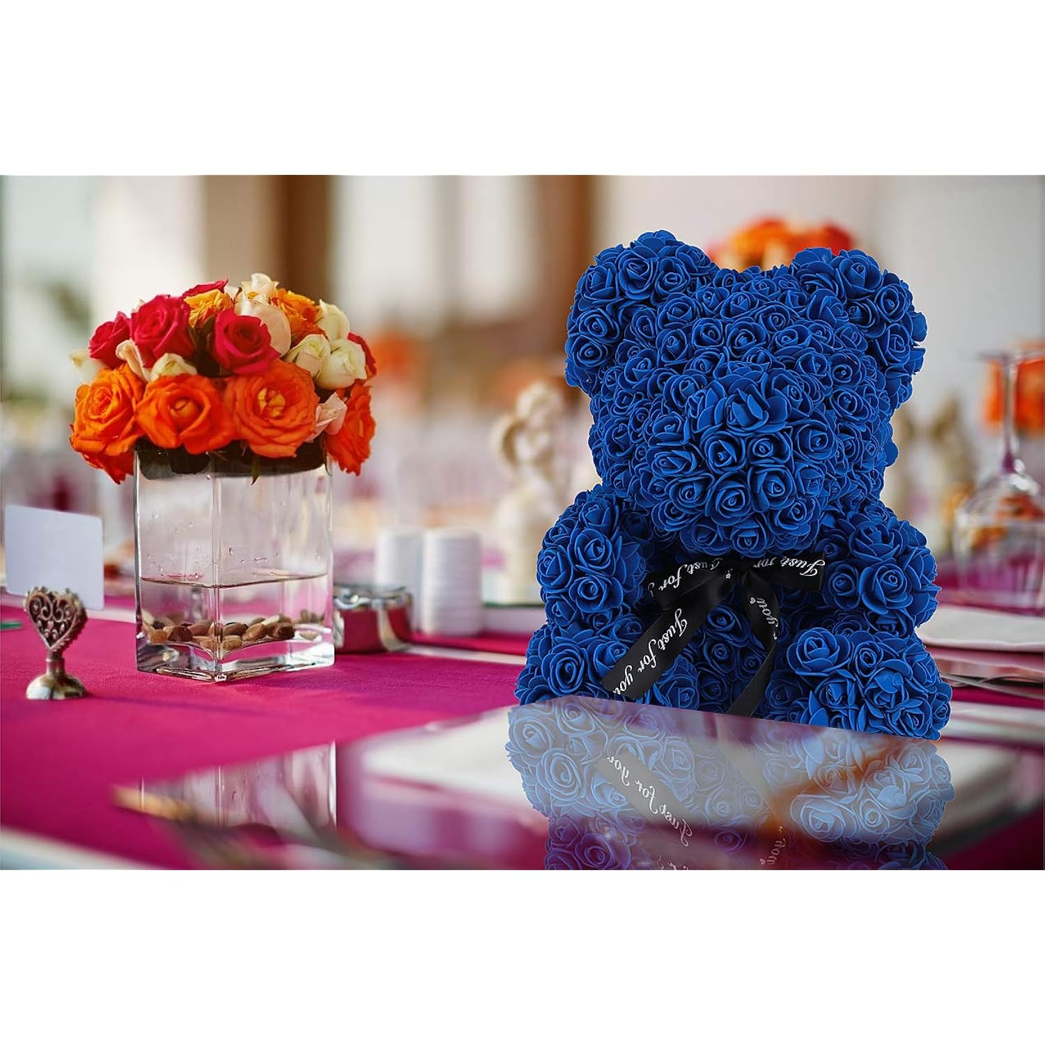 Rose Teddy Bear, 10 Inch Flower Bears With Lights, Artificial Foam Floral Gifts For Valentines Day Mothers Day Christmas Wedding Anniversary Birthday Home Bedroom Office Decor (A-Royal Blue)
