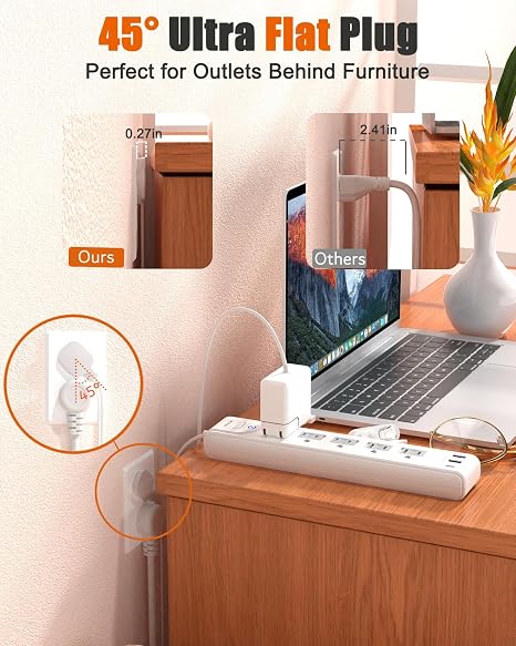 2 Prong Power Strip Adapter 5 Outlets 3 USB Ports 1680J Surge Protector 5FT Extension Cord White