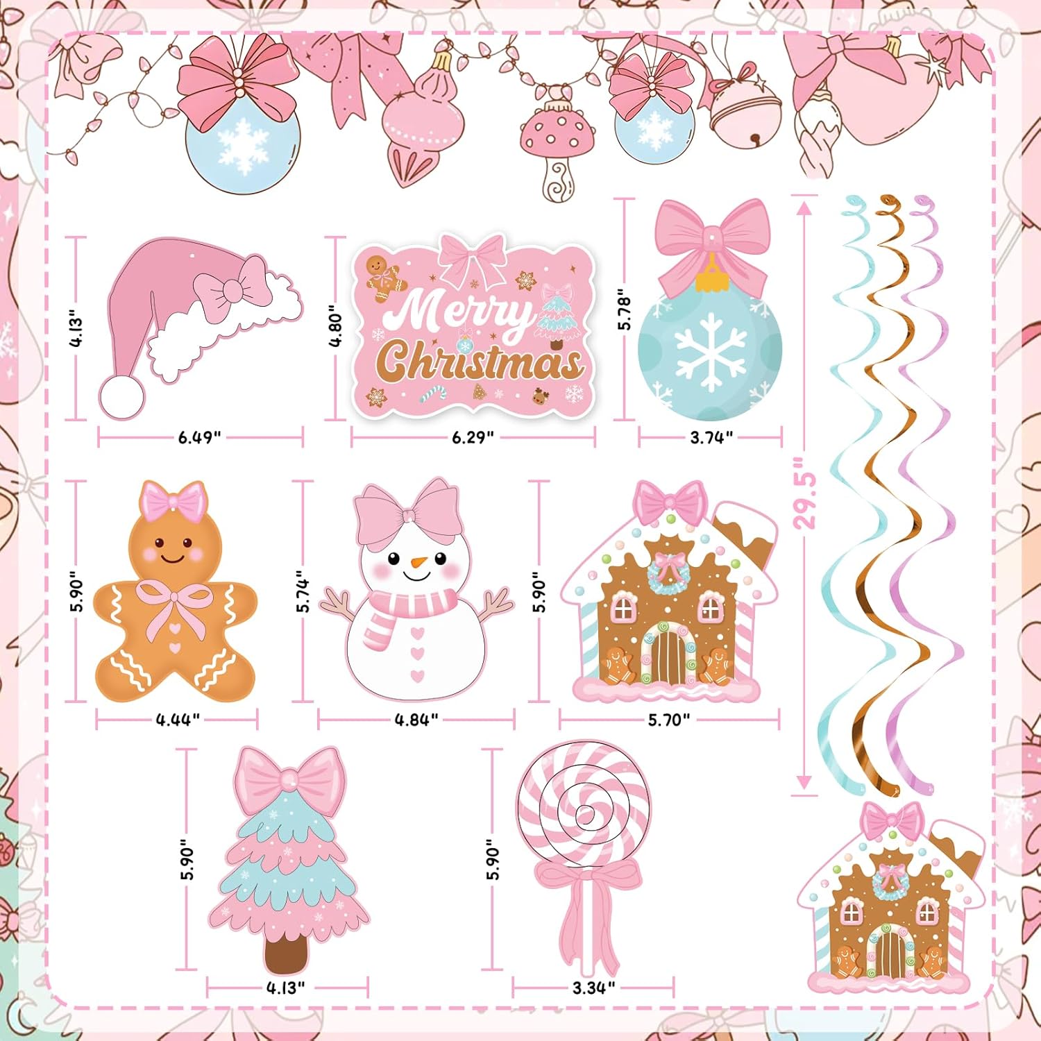 Pink Christmas Party Hanging Swirls Decorations, Pink Xmas Bow Merry Christmas Gingerbread Man Hanging Ornaments For Christmas Birthday Baby Shower Decor, Winter Holiday New Year Party