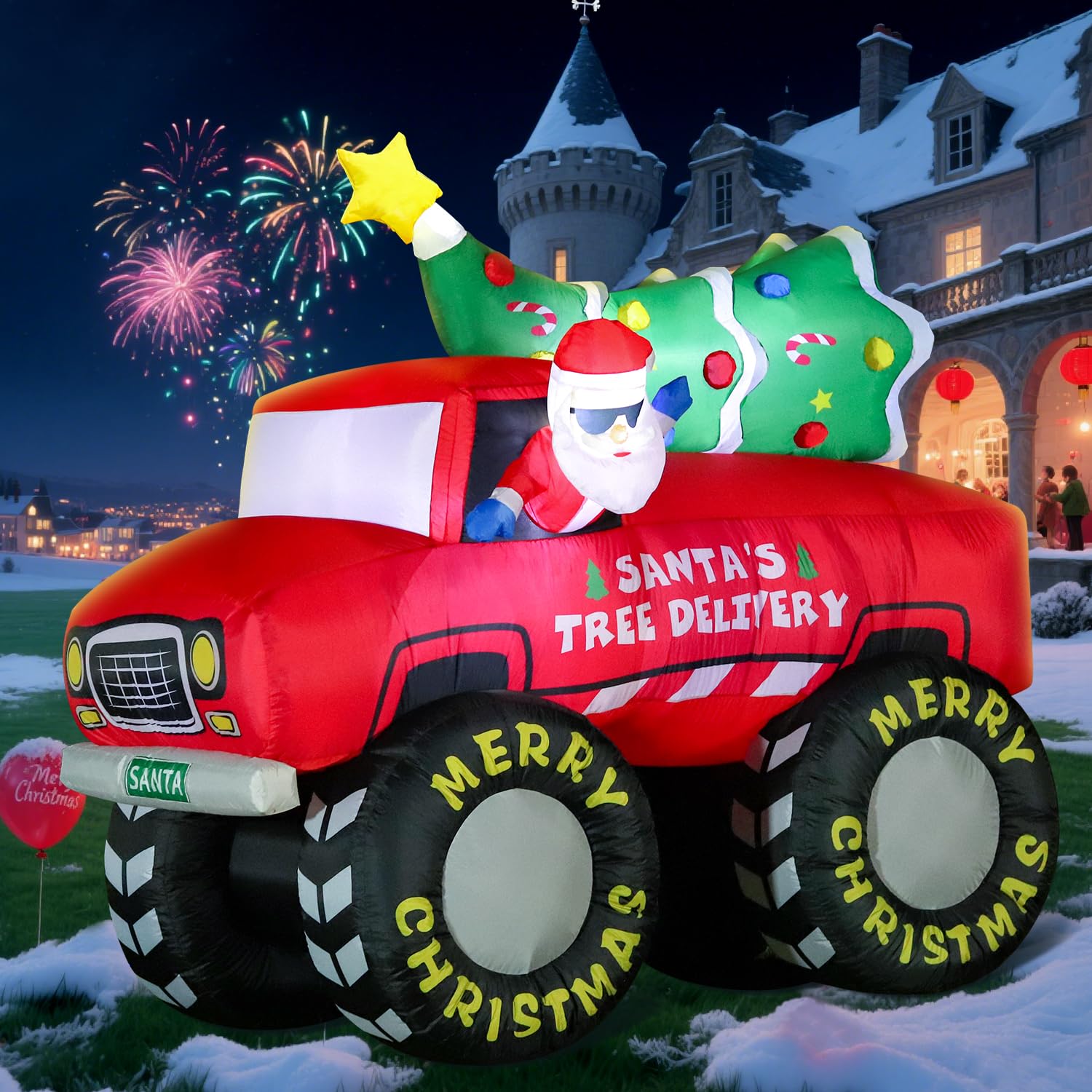 7Ft Christmas Inflatable Blow Up Decorations, Santa Claus Drive Monster Truck With Christmas Tree, Built-In Leds For Hol