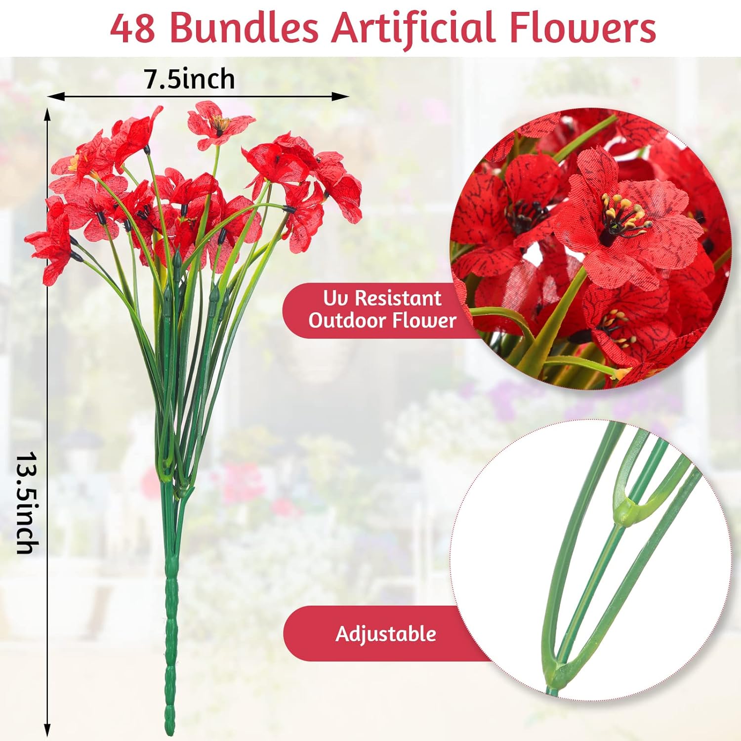 48 Bundles Red Artificial Flowers Outdoor Faux Flowers Uv Resistant Fake Plastic Plants No Fade Deep Red Greenery Shrubs For Porch Garden Planters Porch Window Wedding Box Decorating