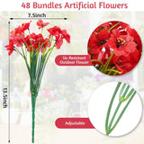 48 Bundles Red Artificial Flowers Outdoor Faux Flowers Uv Resistant Fake Plastic Plants No Fade Deep Red Greenery Shrubs For Porch Garden Planters Porch Window Wedding Box Decorating